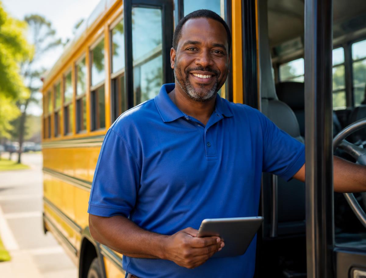 A school bus driver standing at the door of his bus holding a tablet