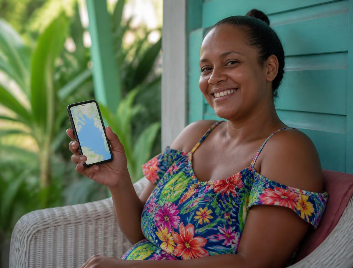 A mother on her porch checking the school bus location on her phone